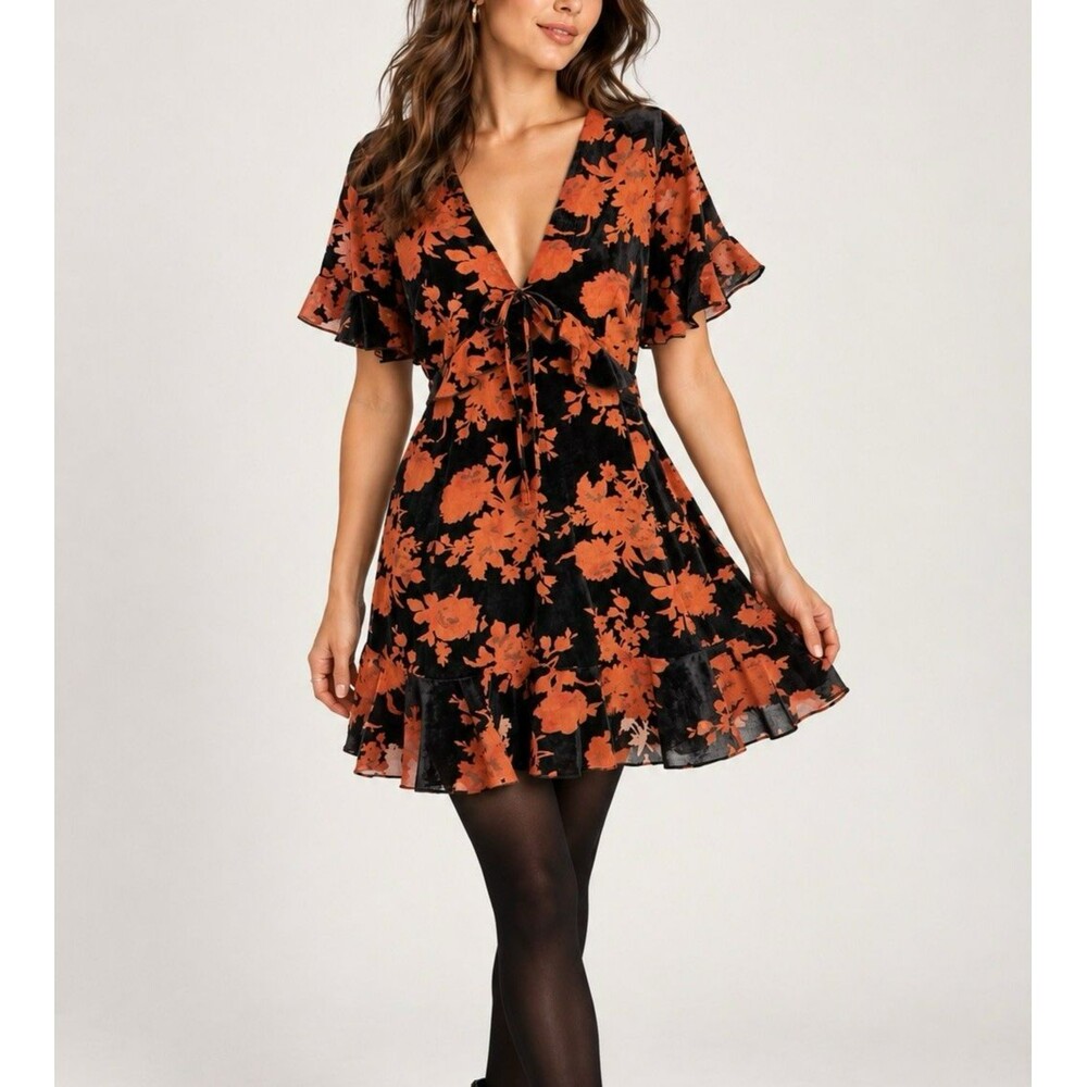Lulus Black Orange Floral Burnout Velvet Mini Dress Size Small Whimsigoth Witchy